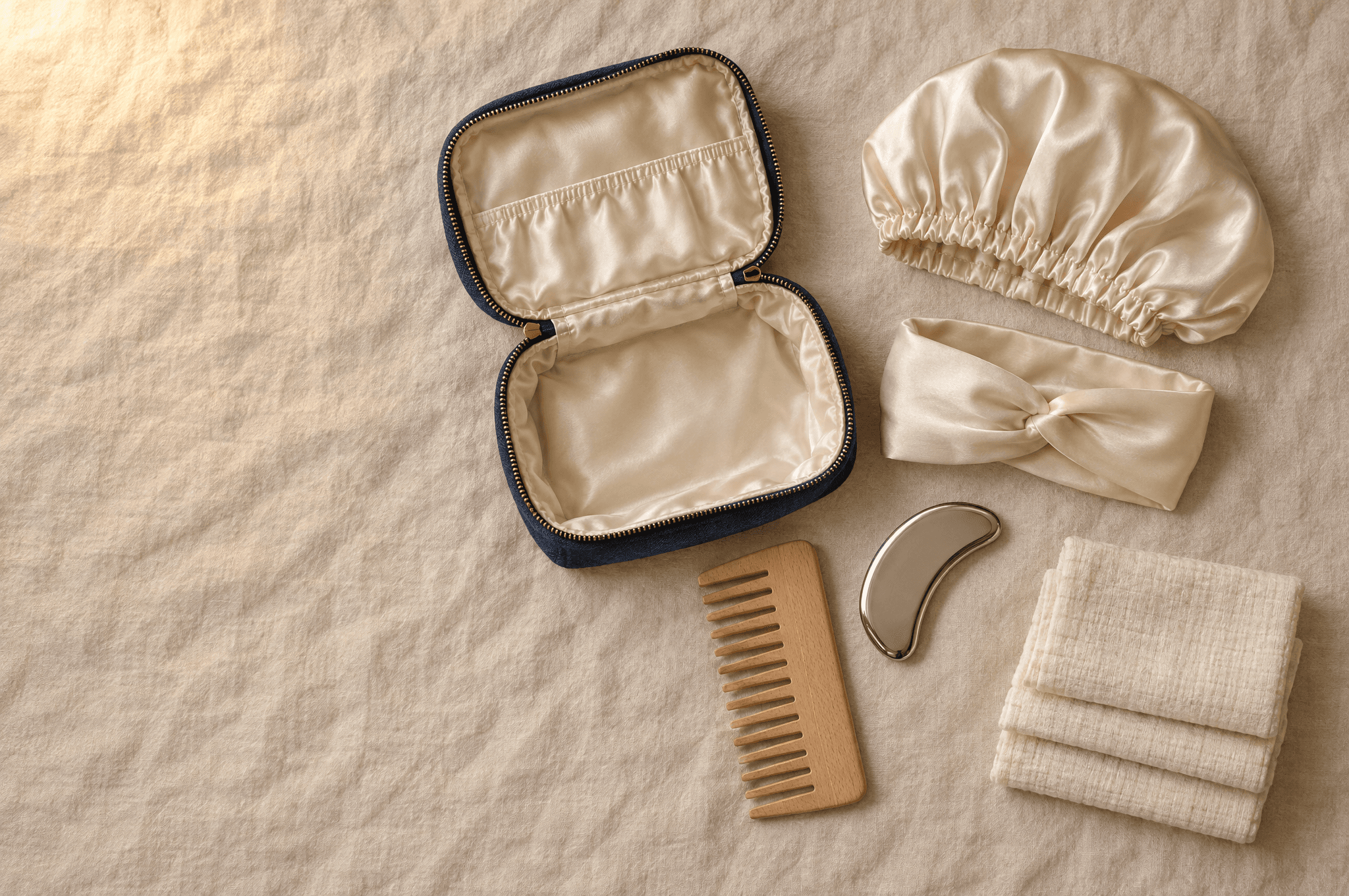 An open indigo travel case with a silk lining beside a silk bonnet, a headband, a wooden comb, a steel facial tool and three folded muslin cloths.