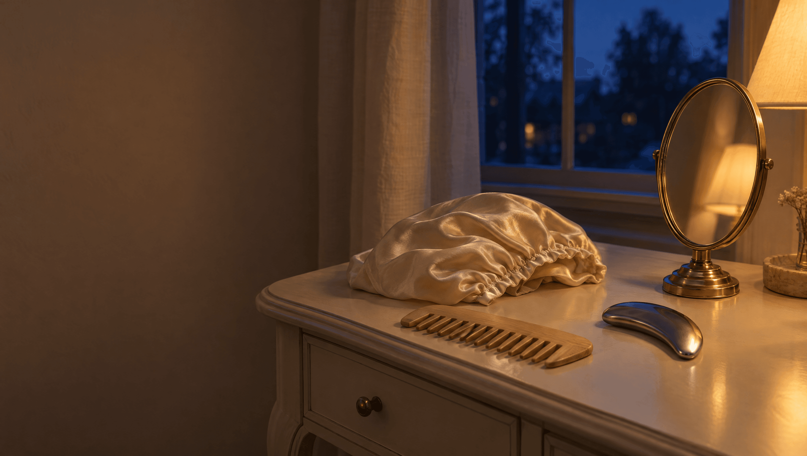 A dressing table at dusk with a folded silk bonnet, a wooden comb, a steel facial tool and a small oval mirror on a stand, lit by a warm lamp.