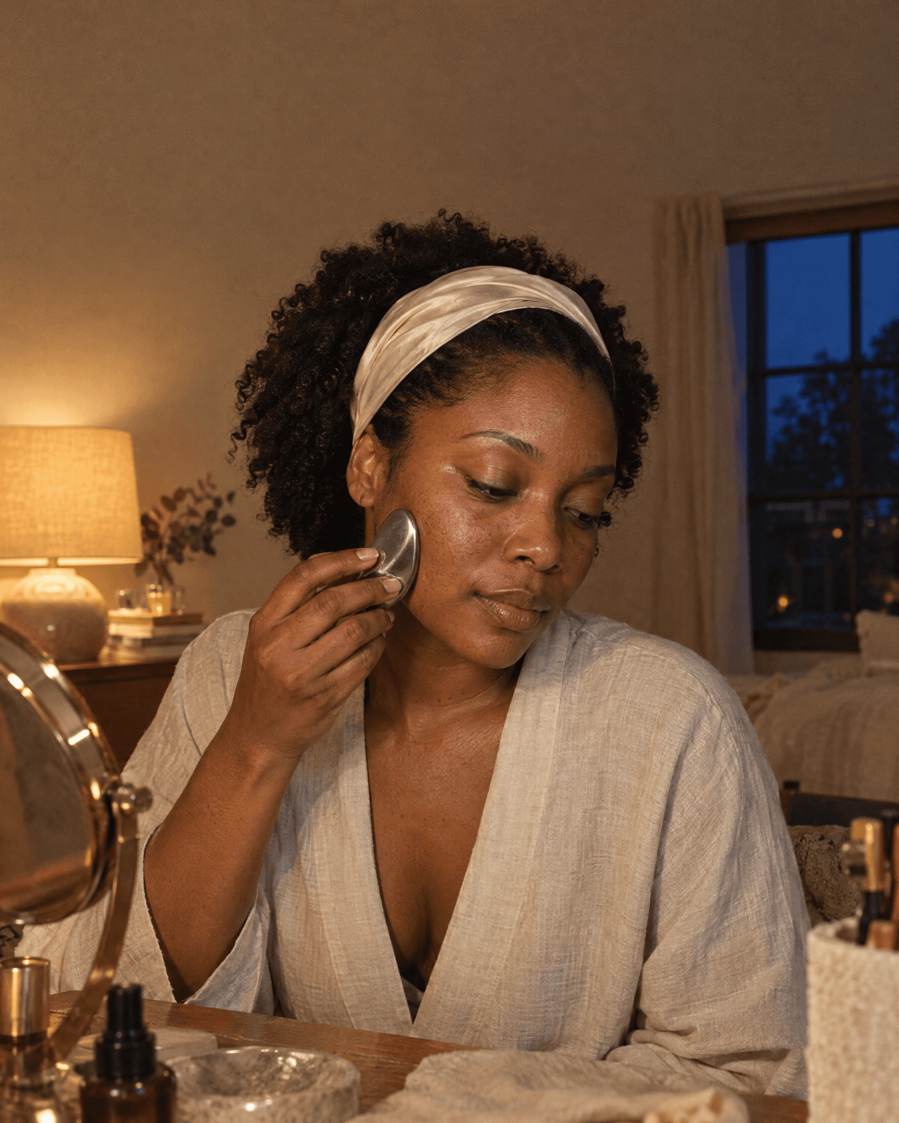 A woman with her hair held back by a silk headband glides a steel facial tool along her cheek at a dressing table.